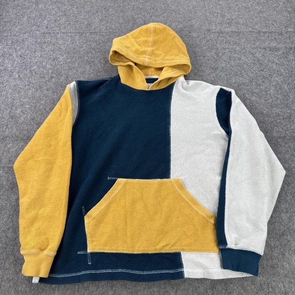 Paratodo Hoodie Mens Medium Yellow Blue White Colorblock Pullover Sweatshirt